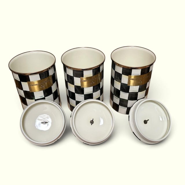 3 New MacKenzie Childs Courtly Check Large Enamel Metal Canisters For Sale In Los Angeles - Image 6 of 8