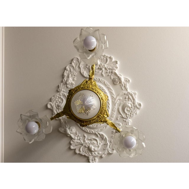 Metal French Neoclassical Style Bronze and Frosted Glass Four-Light Chandelier, 1920 For Sale - Image 7 of 18