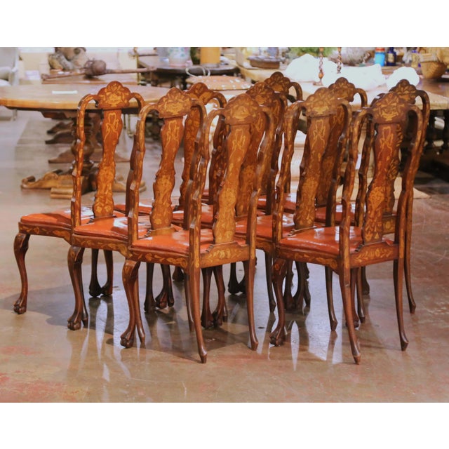 19th C. Dutch Baroque Walnut Inlaid Dining Chairs With Leather Seats, Set of 10 For Sale - Image 12 of 12