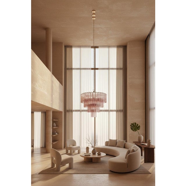 Mid-Century Modern Pink Murano Glass Chandelier | 78 Hand-Blown Tubes, Four-Tier Star Design, Nickel Frame For Sale - Image 3 of 5