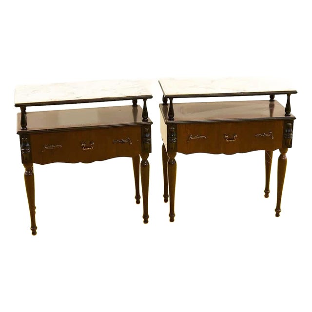 Wooden Bedside Tables with Marble Top, 1950s, Set of 2 For Sale