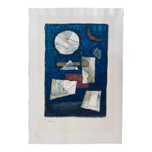 Vintage Moses Bagel Bahelfer Abstract French Judaica Watercolor Gouache Painting