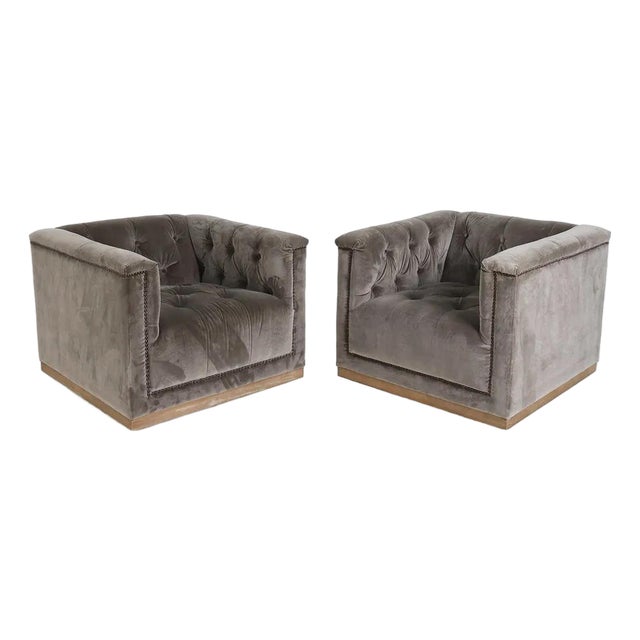 Pair Four Hands Tufted Velvet Maxx Lounge Chairs For Sale