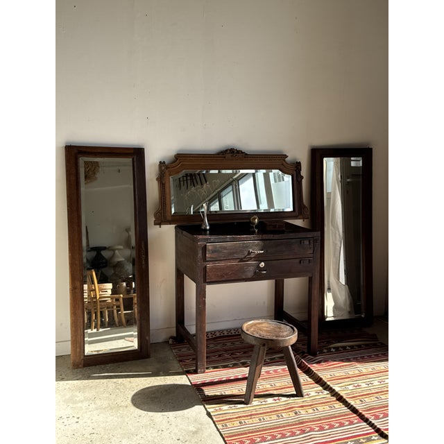 Antique Mirror in Brown Oak with Beveled Glass and Keyhole Escutcheon, 1980s For Sale - Image 4 of 16
