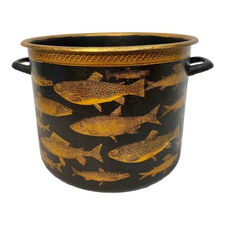 Late 19th Century Antique Metal Wood Holder Decoupaged With a Variety of Fish, Found in Southern England For Sale