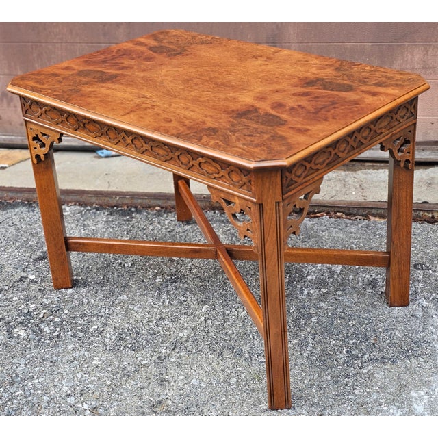 Wood Mid 20th Century Chinese Chippendale Style Burlwood and Mahogany Side Table For Sale - Image 7 of 12