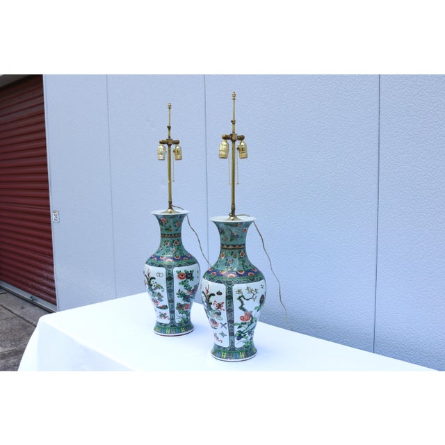 Metal Chinese Porcelain Baluster Vase Table Lamps 19th-Century Famille Verte, a Pair For Sale - Image 7 of 17