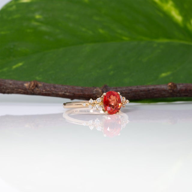Orange 1.4Ct Padparadscha Sapphire Ring With Natural Diamond Accents: Solid 14k Gold, Size 6.75 For Sale - Image 8 of 10