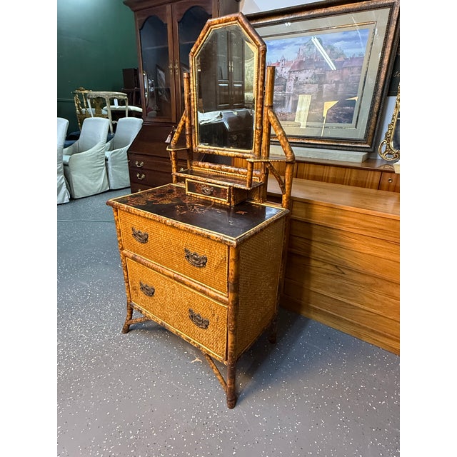 Beautiful English Antique Tortoiseshell Bamboo Chest with Vanity circa 1900. Beveled mirror, black lacquered, hand painted...