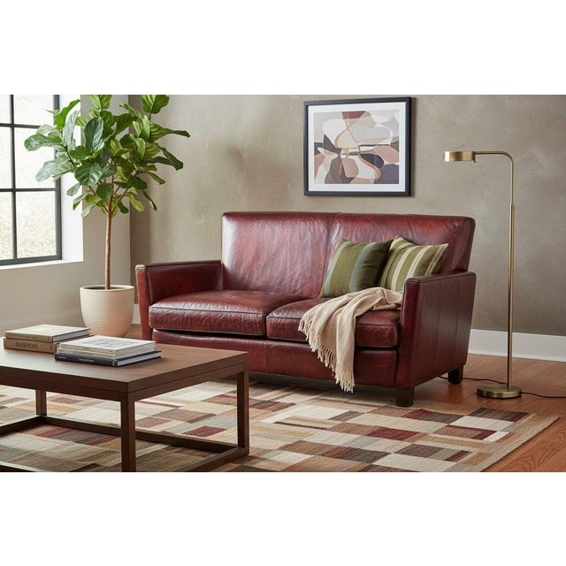 Crate & Barrel Vintage Hand-Dyed Burgundy Leather Loveseat With Rich Patina and Sloped Arms For Sale In Los Angeles - Image 6 of 15