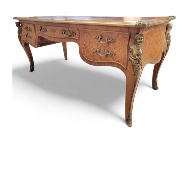 Antique French Satinwood Parquetry Louis XVI Writing Desk, Tooled Leather Top & Ormolu For Sale - Image 10 of 10