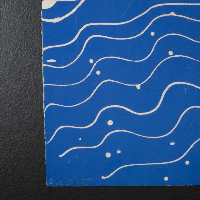 ABOUT A mid century painting on wove paper in cobalt blue and white of a woman, signed in pencil, and inscribed, “For...