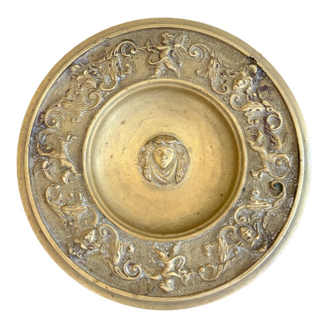 Late 19th Century Gilt Bronze Grand Tour Dish With Putti and Classical Mask For Sale