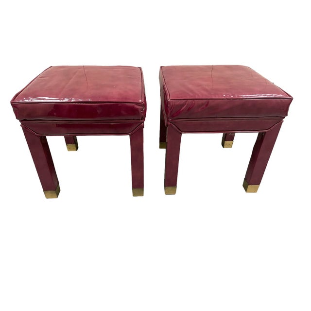 Burgundy Milo Baughman Style Patent Leather Parsons Stools With Brass Caps For Sale - Image 8 of 8