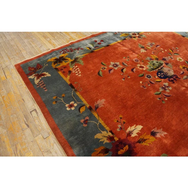 Textile 1920s Burnt Orange Floral Antique Chinese Art Deco Carpet 8' 9" X 11' 3" Knotted Wool Rug For Sale - Image 7 of 12