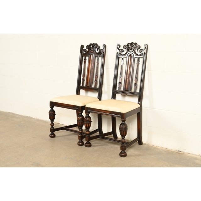 English Berkey & Gay Antique English Jacobean Carved Walnut Side Chairs or Dining Chairs, Pair For Sale - Image 3 of 14