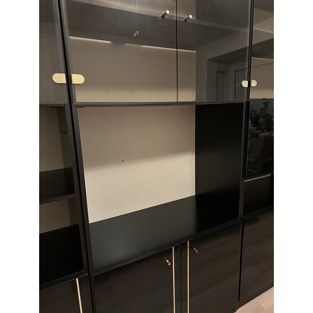 Contemporary 1980s Black Lacquered Post Modern Four Piece Wall Cabinet Curio Office Storage Unit With Display Lights For Sale - Image 3 of 12