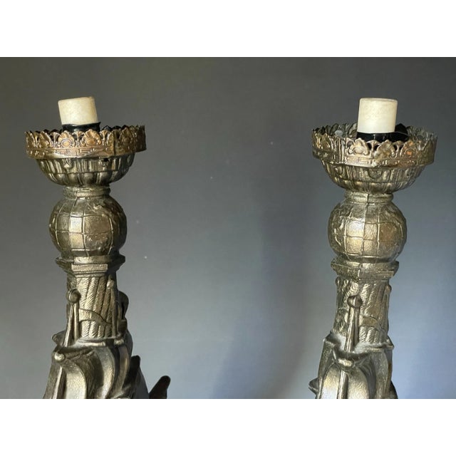 Pair of Antique Art Deco 1921 Cast Nautical Accent Table Lamps W/ Ship & Globe For Sale - Image 16 of 17