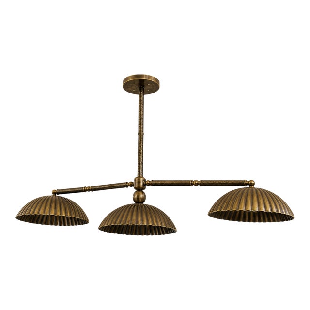 Bronze 3 Light Chandelier, Handmade Antique Ceiling Light Fluted Brass Pendant Fixture, Art Deco Dining Room Kitchen Island Lighting For Sale