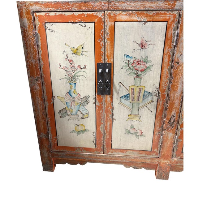 Wood Vintage Mongolian Hand Painted Elm Wood Large Cabinet W/ Six Doors 77" W For Sale - Image 7 of 11