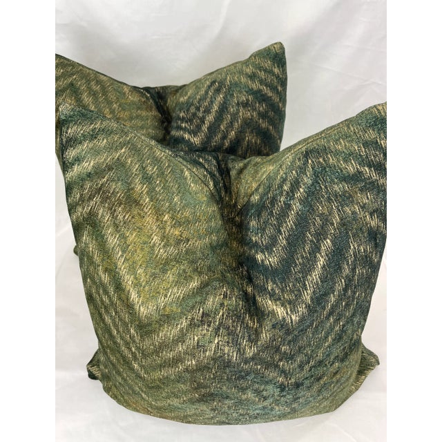 Transitional Chevron Embossed Velvet in Green 22" Pillows-A Pair For Sale - Image 3 of 5