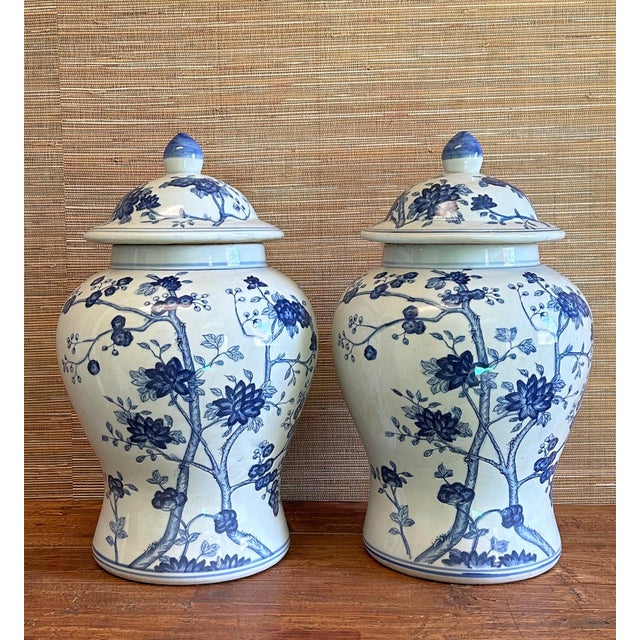 Chinoiserie Blue & White Cherry Blossom Ginger Jars - A Pair For Sale In Houston - Image 6 of 8