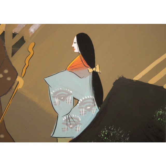 Goldenrod 1960s Shōwa Era Japanese Byobu Screen "Autumn Festival Scene by the Bridge" For Sale - Image 8 of 17