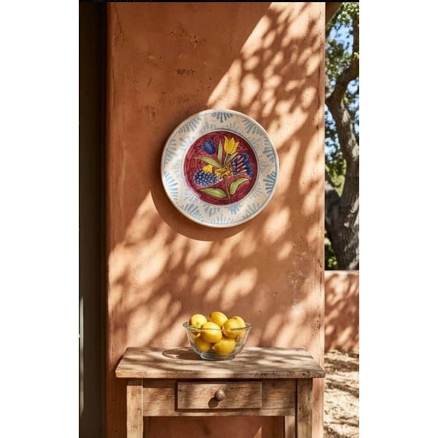 Vintage Hand-Painted Mediterranean Style Terracotta Ceramic Wall Plate – Bird & Tulip Motif For Sale - Image 9 of 11