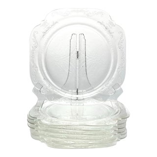 1930s Federal Glass “Madrid, Clear” 7 Etched Glass Dinner Plates For Sale