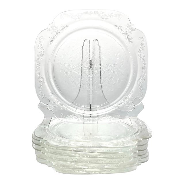 1930s Federal Glass “Madrid, Clear” 7 Etched Glass Dinner Plates For Sale