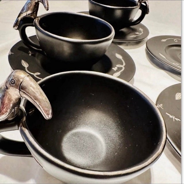 1990s Vintage 1990s Emilia Castillo Mexican Silver Ceramic Toucan Cups Saucers Sets - Set of 6 For Sale - Image 5 of 10