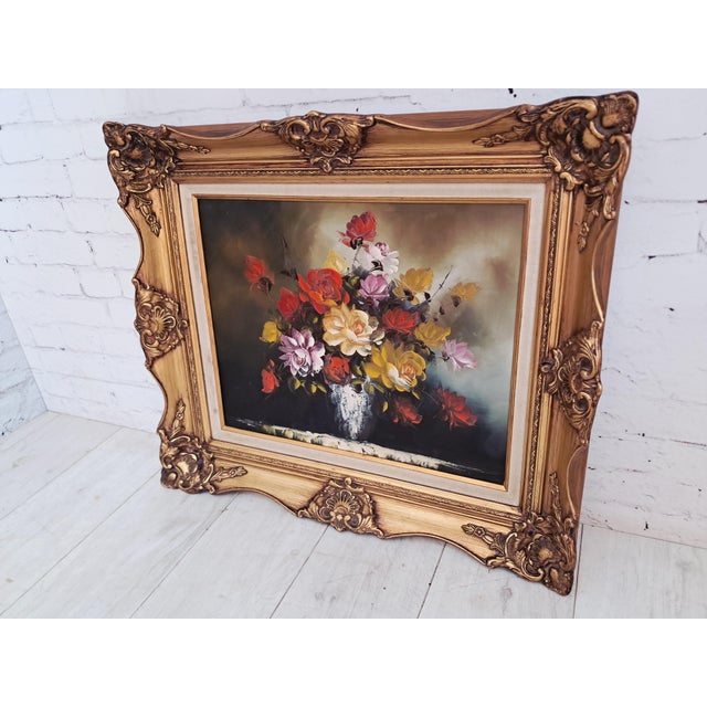 Vintage Floral Oil Painting on Canvas with Ornate Gilt Frame Flowers, Circa 1980 For Sale - Image 4 of 18