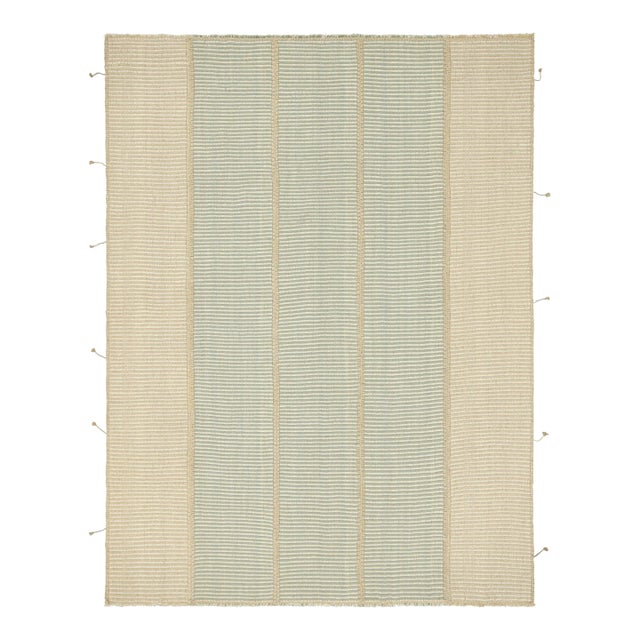 Rug & Kilim’s Contemporary Kilim in Beige, Blue and White Textural Stripes For Sale
