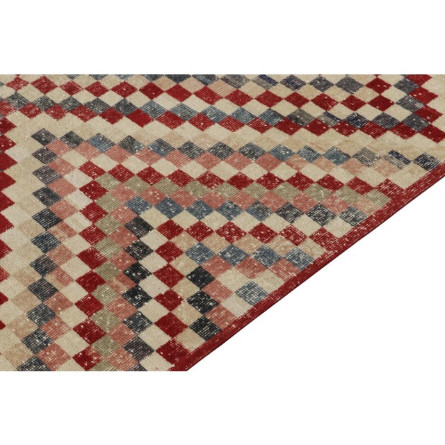 1960s 1960s Vintage Turkish Rug in Red, Beige and Pink Geometric Pattern, Distressed For Sale - Image 5 of 7