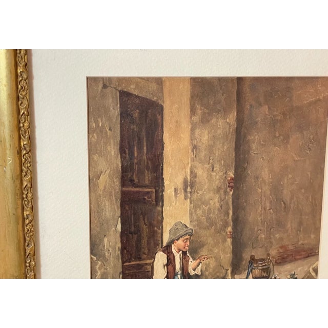 Brown Share Antique 1800's G Guerrini Original Gouache Watercolor Poor Boy Animals Painting For Sale - Image 8 of 13