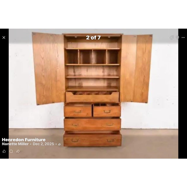 1970s Henredon Artefacts Campaign-Style Mid-Century Oak Armoire For Sale In Sacramento - Image 6 of 8