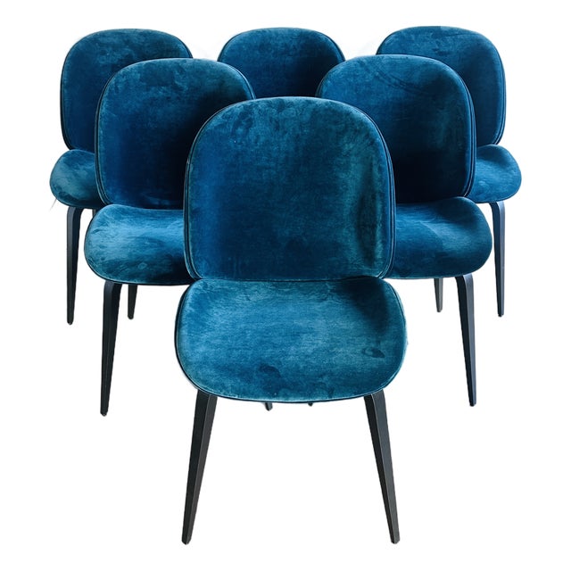 Attributed Gubi Velvet Beetle Chairs With Black Oak Legs- Set of 6 For Sale