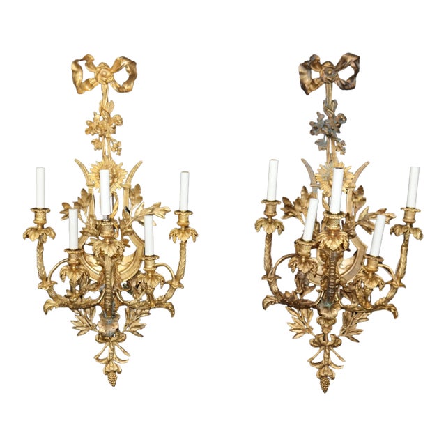 Pair of Monumental Early 1900s Era French Dore' Gilt Bronze Sconces With Figures For Sale