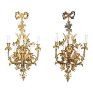 Pair of Monumental Early 1900s Era French Dore' Gilt Bronze Sconces With Figures