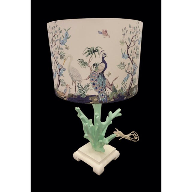 Plastic Vintage Faux Mint Green Coral Coastal Table Lamps With Chinoiserie Bird Branch Shades- A Pair For Sale - Image 7 of 8
