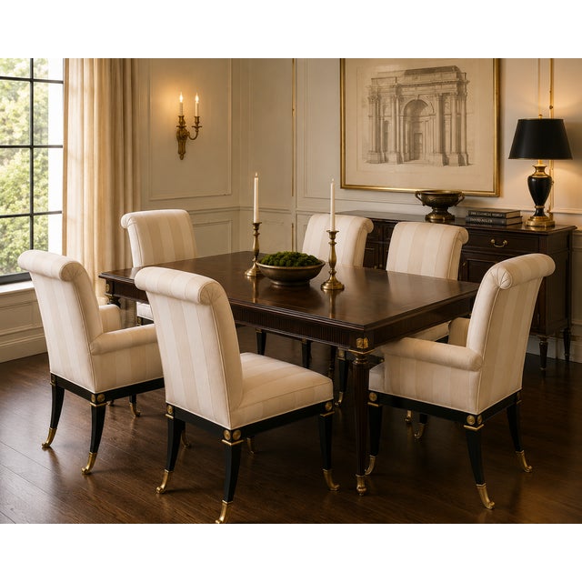 This rare set of six dining chairs by Mastercraft Furniture Co. showcases their 1989 contemporary neo-classic design,...