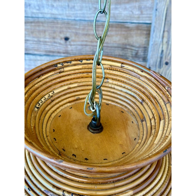 Wood Mid-20th Century Coastal Pencil Reed Rattan Chandelier Pendant For Sale - Image 7 of 12