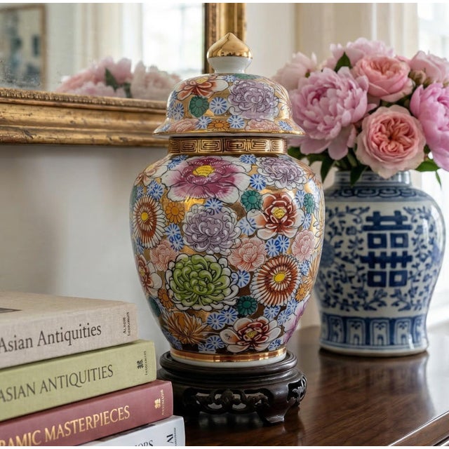 Vintage Japanese Kutani Style Porcelain Ginger Jar With Lid – Floral Enamel & Gold For Sale - Image 10 of 16