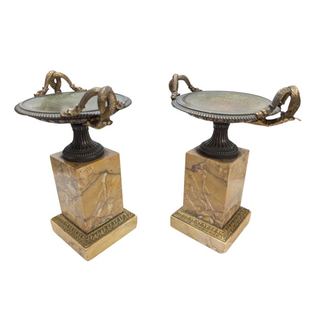 Mid 19th Century Pair of 19th-Century Bronze Tazzas Featuring Gilt Snake Handles and Siena Marble Stands For Sale - Image 5 of 16