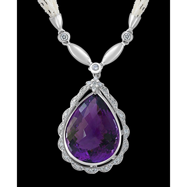 54 Carat Tear Drop Amethyst and Diamonds with Seed Pearl Necklace 18 Karat Gold For Sale - Image 4 of 18