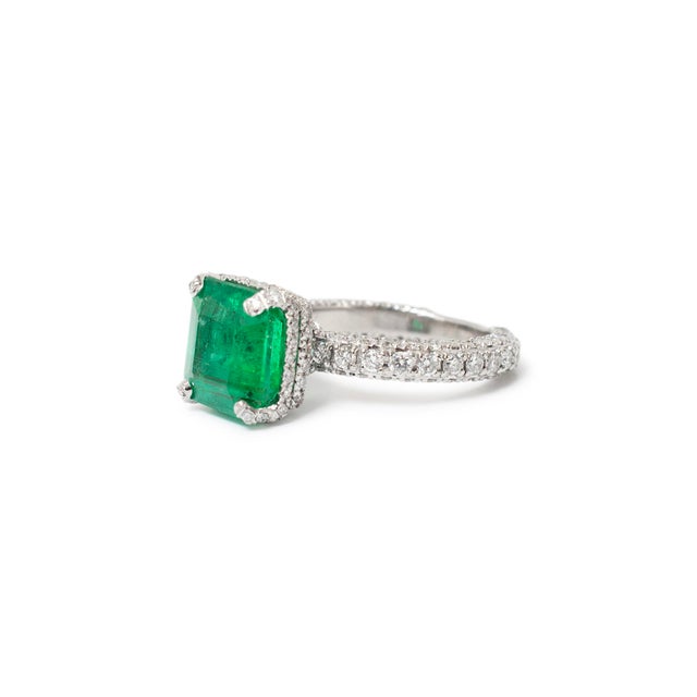 Early 21st Century 14k White Gold Gia 3.90ct Emerald Hidden Halo Accented Diamond Cocktail Ring, Size 5.25 For Sale - Image 5 of 8