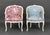 Pair of Louis XV Style White Painted Bergeres, with toile du jour upholstery, one in red and one in blue, on cabriole...