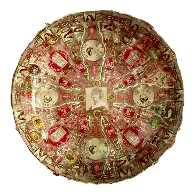 Antique Folk Art Cigar Band Découpage Bowl With Central Portrait For Sale