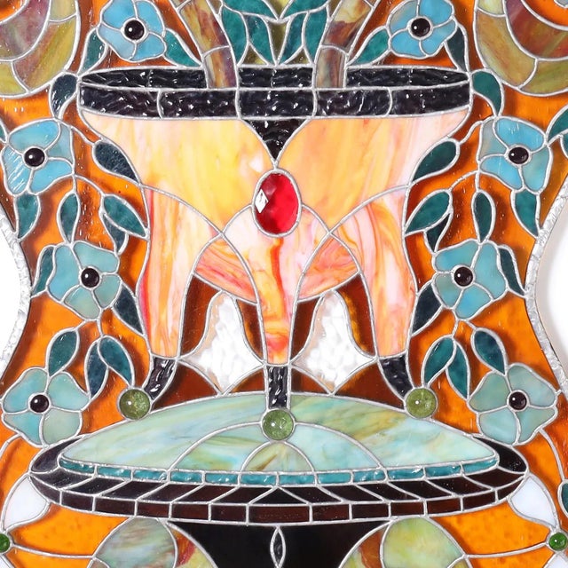 Glass Jeweled Stained Glass Panel With a Floral Motif For Sale - Image 7 of 8