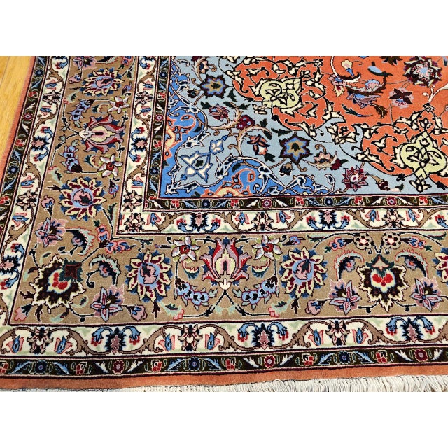 Persian Tabriz Rug, Hand-Knotted Wool & Silk, Fine Floral Pattern, Terracotta & Blue, 7x10 For Sale - Image 11 of 14